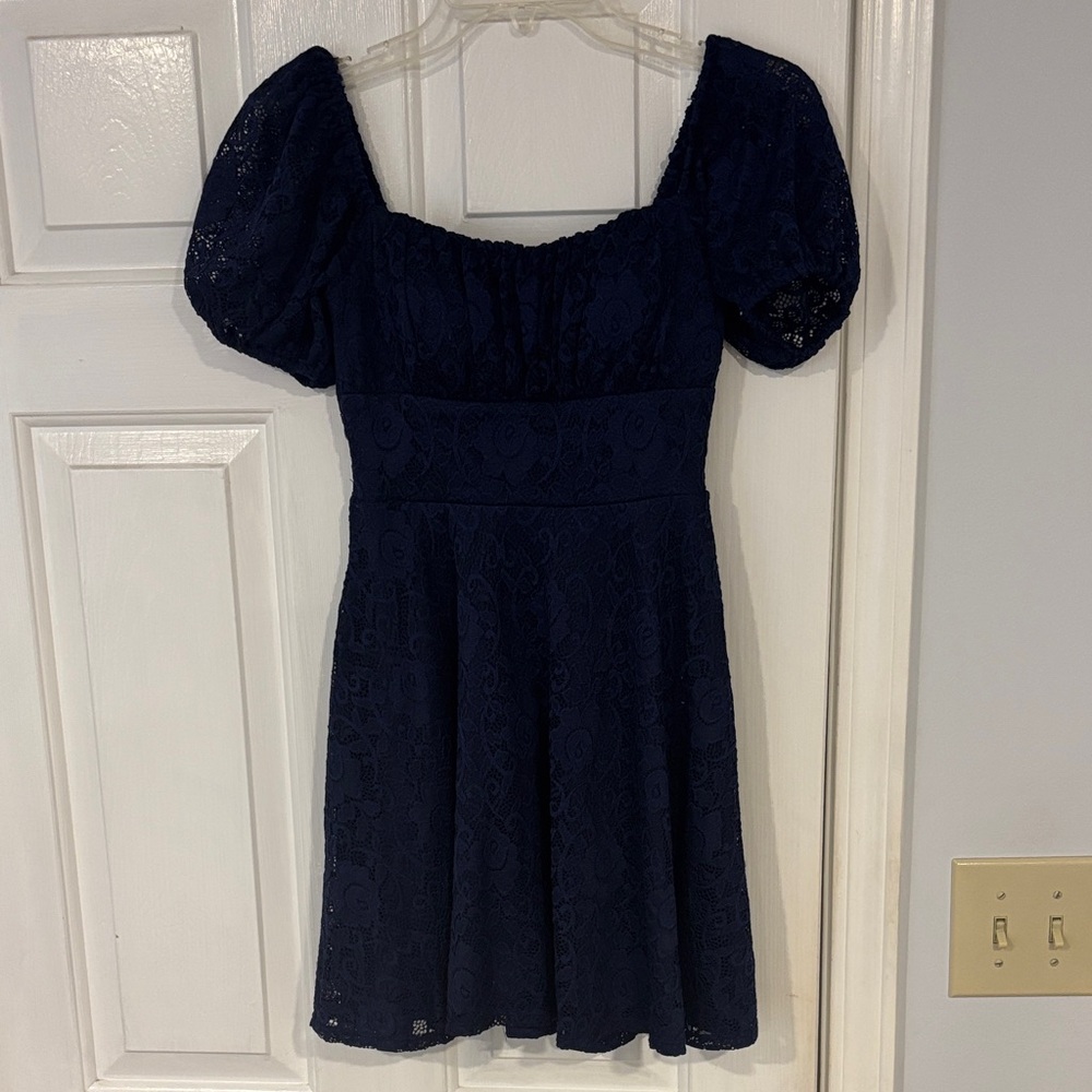 City Studio Dark Navy Lace Puff-Sleeve Formal Dress